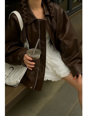 Çerme Vintage Kadın Oversize Kahverengi Deri Ceket