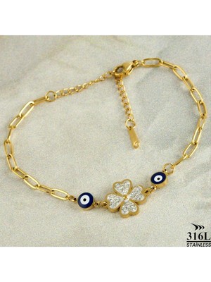 SiHako Yonca Zirkon Taşlı Lüks Çelik Bileklik