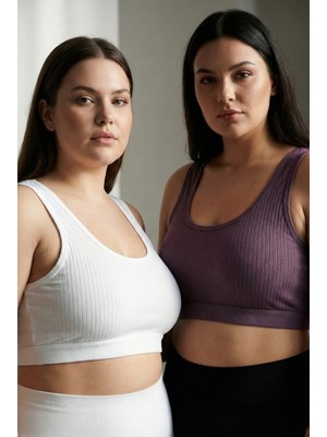 Underwear Bodyway Büyük Beden 2'li Kalın Askılı Fitilli Büstiyer Seti - Yanları Kapatan Pamuklu Crop Yarım Atlet - Uyku Sütyeni