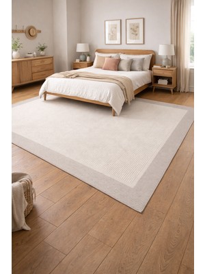 Kupon Halı Krem Gri Bordürlü Sisal Halı - Pamuk Taban Kaymaz Makinede Yıkanabilir Salon Mutfak Yolluk