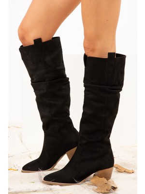 Fox Shoes Kadın Siyah Süet Çizme J404040102 Orta Topuklu Şık Tasarım 6 cm Topuk Yüksekliği
