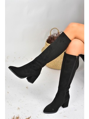 Fox Shoes Siyah Süet Kalın Topuklu Kadın Çizme L251081602