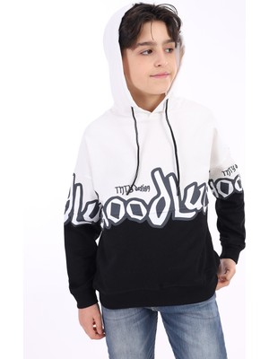 Toontoy Erkek Çocuk Relax Fit Kapüşonlu Düşük Omuz Renk Bloklu Baskılı Sweatshirt - 2 Iplik