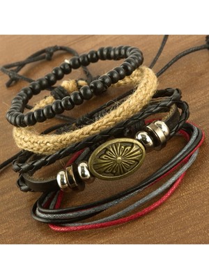 SiHako 4 Adet Oval Figürlü Lüks Deri Bileklik