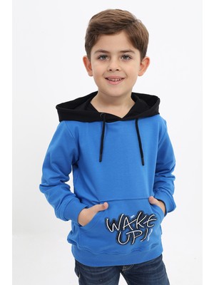 Toontoy Erkek Çocuk Relax Fit Kapüşonlu Cepli Renk Bloklu Baskılı Sweatshirt - 2 Iplik