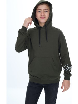 Toontoy Erkek Çocuk Oversize Kapüşonlu Cepli Düşük Omuz Baskılı Sweatshirt - 2 Iplik