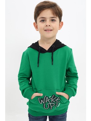 Toontoy Erkek Çocuk Relax Fit Kapüşonlu Cepli Renk Bloklu Baskılı Sweatshirt - 2 Iplik