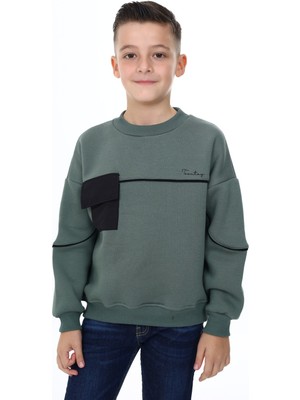 Toontoy Erkek Çocuk Relax Fit Bisiklet Yaka Parçalı Baskılı Sweatshirt - Cep Detaylı & 2 Iplik
