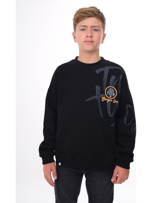 Toontoy Erkek Çocuk Oversize Bisiklet Yaka Düşük Omuz Baskılı Sweatshirt - 2 Iplik
