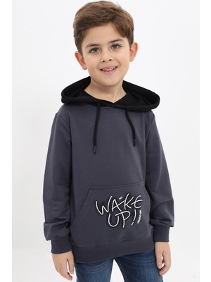 Toontoy Erkek Çocuk Relax Fit Kapüşonlu Cepli Renk Bloklu Baskılı Sweatshirt - 2 Iplik