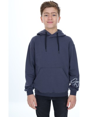 Toontoy Erkek Çocuk Oversize Kapüşonlu Cepli Düşük Omuz Baskılı Sweatshirt - 2 Iplik