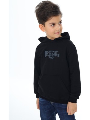 Toontoy Erkek Çocuk Relax Fit Kapüşonlu Cepli Düşük Omuz Baskılı Sweatshirt - 2 Iplik