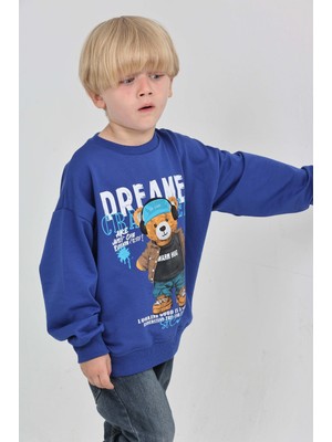 Toontoy Erkek Çocuk Oversize Bisiklet Yaka Düşük Omuz Baskılı Sweatshirt - 2 Iplik