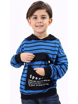 Toontoy Erkek Çocuk Oversize Kapüşonlu Düşük Omuz Baskılı Çizgili Sweatshirt - Garnili & 2 Iplik