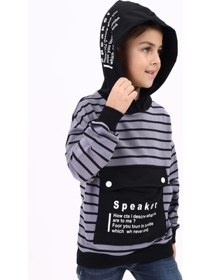 Toontoy Erkek Çocuk Oversize Kapüşonlu Düşük Omuz Baskılı Çizgili Sweatshirt - Garnili & 2 Iplik