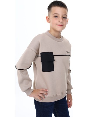 Toontoy Erkek Çocuk Relax Fit Bisiklet Yaka Parçalı Baskılı Sweatshirt - Cep Detaylı & 2 Iplik
