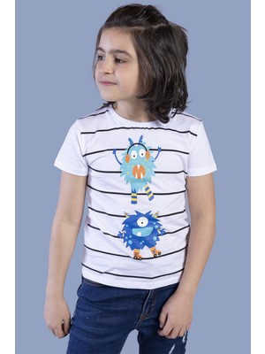 Toontoy Erkek Çocuk Baskılı Bisiklet Yaka Kısa Kollu Çizgili Tişört