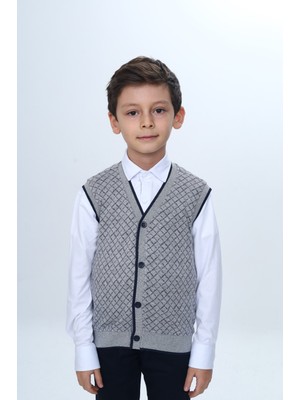 Toontoy Erkek Çocuk V Yaka Düğmeli Triko Yelek - Diagonal Desenli