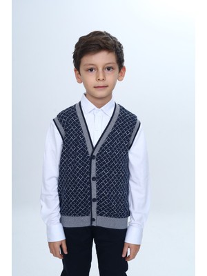Toontoy Erkek Çocuk V Yaka Düğmeli Triko Yelek - Diagonal Desenli