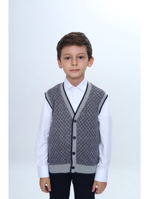 Toontoy Erkek Çocuk V Yaka Düğmeli Triko Yelek - Diagonal Desenli