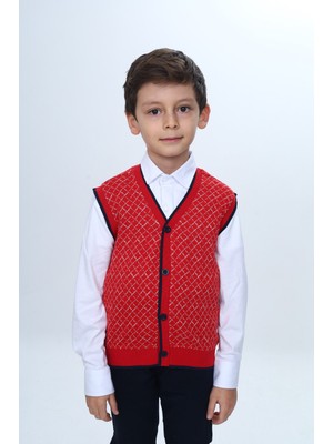 Toontoy Erkek Çocuk V Yaka Düğmeli Triko Yelek - Diagonal Desenli