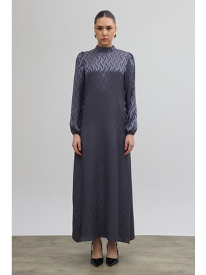 Vavinor Yan Bağcık Detaylı Jakar Elbise - Gri