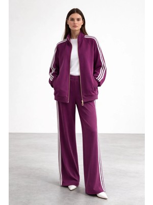 Nuss 1092 Şerit Desenli Pantolonlu Takım - Mürdum