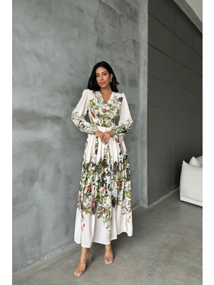 Hiccup Kadın Msn Çiçek Desenli V Yaka Uzun Kollu Maksi Elbise Natural