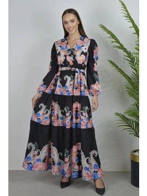 Hiccup Kadın Msn Çiçek Desenli V Yaka Bağlama Detaylı Maxi Elbise Siyah