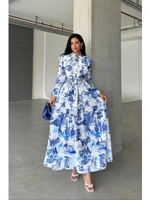 Hiccup Kadın Msn Baskılı Fırfırlı Uzun Elbise Mavi