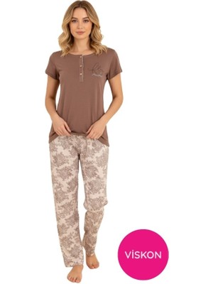 Seamlife Kadın Desenli Düğmeli Bisiklet Yaka Kısa Kol Pijama Takımı-Slim Fit Yazlık Homewear