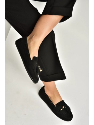 Fox Shoes Y602347002 Siyah Süet Püsküllü Kadın Günlük Ayakkabı