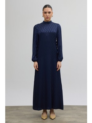 Vavinor Yan Bağcık Detaylı Jakar Elbise - Lacivert