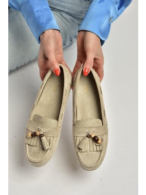 Fox Shoes Y602347002 Bej Süet Püsküllü Kadın Günlük Ayakkabı