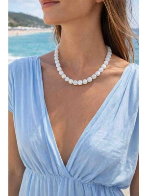 Cunda Doğal Taş Design Sedef Doğal Taş Kolye 12 Mm. Jumbo Boy