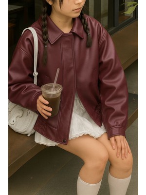 Çerme Vintage Kadın Oversize Bordo Deri Ceket