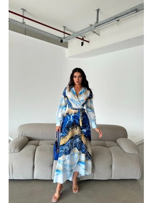 Hiccup Kadın Msn Desenli Uzun Kollu Bağlama Detaylı Maksi Elbise Mavi