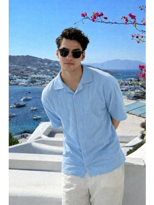 Damga Erkek Yazlık Kısa Kollu Mavi Keten Gömlek