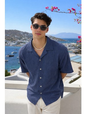Damga Erkek Yazlık Kısa Kollu Lacivert Keten Gömlek