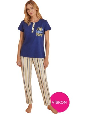 Seamlife Kadın Saks Mavi Çizgi Desenli Düğmeli Bisiklet Yaka Kısa Kol Slim Fit Yazlık Homewear Pijama Takımı