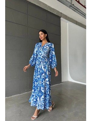 Hiccup Kadın Msn Baskılı V Yaka Uzun Kollu Maksi Elbise Bebek Mavisi