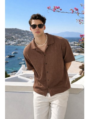 Damga Erkek Yazlık Kısa Kollu Kahve Keten Gömlek