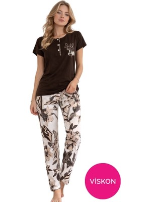 Bie's Kadın Kahverengi Çiçek Desenli Düğmeli Bisiklet Yaka Kısa Kol Slim Fit Yazlık Homewear Pijama Takımı