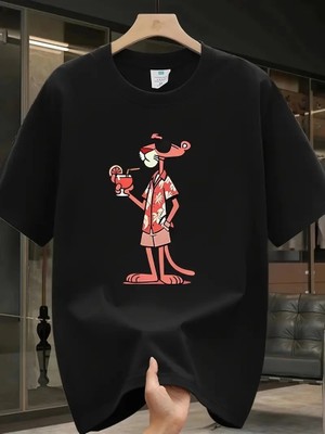 Glam Love Pembe Panter Baskılı   Oversize Günlük Kısa Kollu Tişört- Siyah -