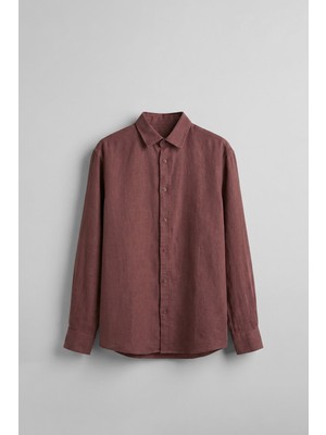 Abluka Online Erkek Regular Fit Keten Basic Uzun Kollu Gömlek Kahverengi