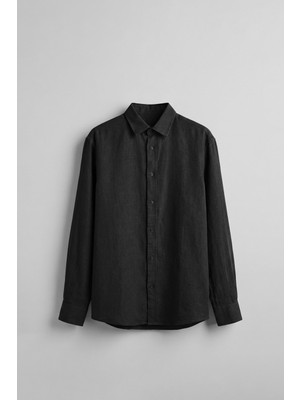 Abluka Online Erkek Regular Fit Keten Basic Uzun Kollu Gömlek Siyah