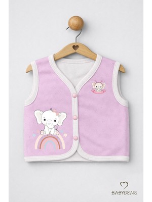 Babyden's Kız Bebek Yelek Jakarlı Kalp Desenli Pamuklu Çıtçıtlı Fil Baskılı Bebek Yeleği Mevsimlik,yumuşak