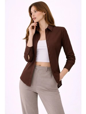 Nemere Kadın Uzun Kollu Gömlek Düğmeli Klasik Yaka Günlük ve Ofis Şıklığına Uygun - Kahverengi