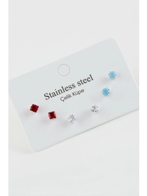 SiHako 6 Adet Kare Zirkon Tek Taşlı Çelik Küpe