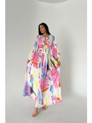 Hiccup Kadın Msn Soyut Baskılı Kemerli Maxi Elbise Pembe